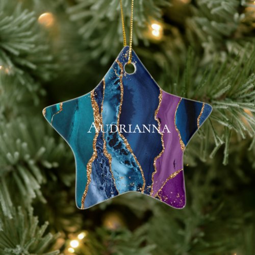 Turquoise Purple Blue Gold Glitter Marble Ceramic Ornament