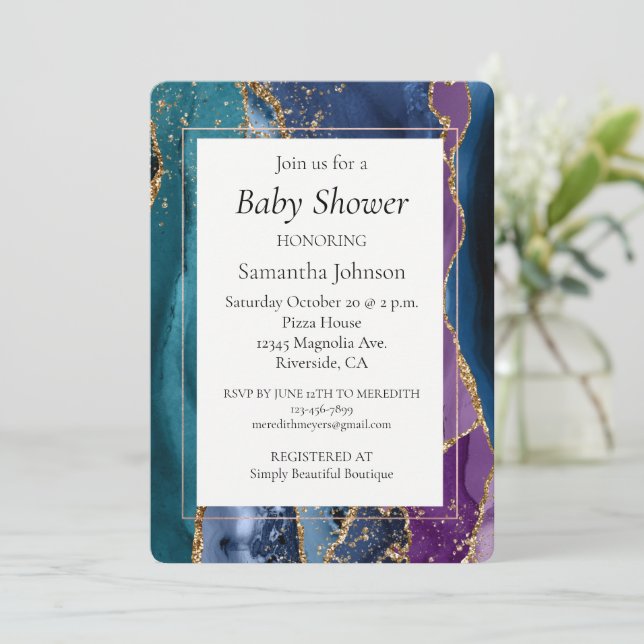 Turquoise Purple Blue Gold Glitter Marble Invitation (Standing Front)