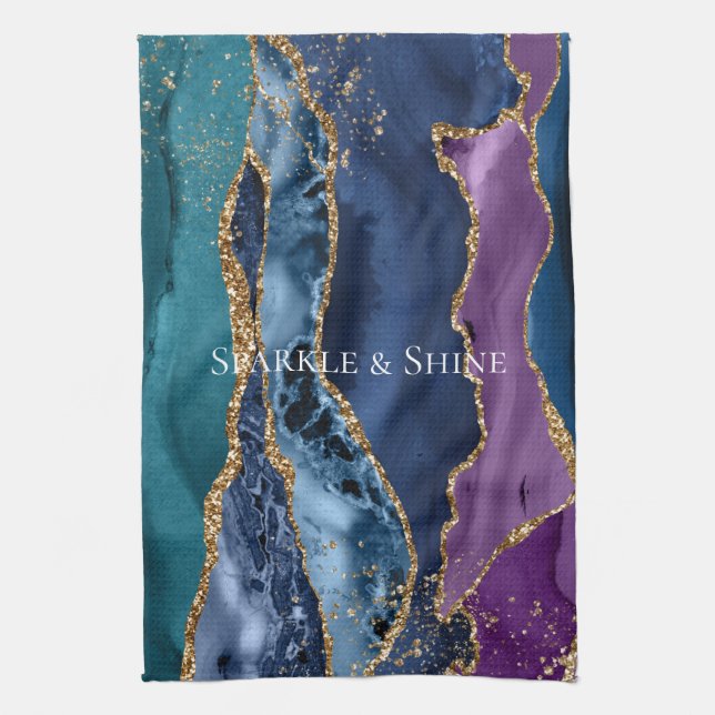 Turquoise Purple Blue Gold Glitter Marble Kitchen Towel (Vertical)