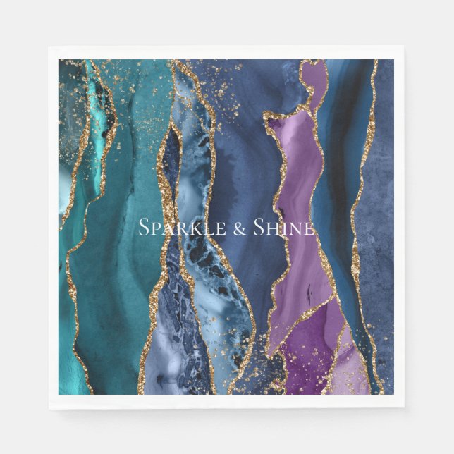 Turquoise Purple Blue Gold Glitter Marble Napkins (Front)