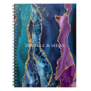 Turquoise Purple Blue Gold Glitter Marble Notebook