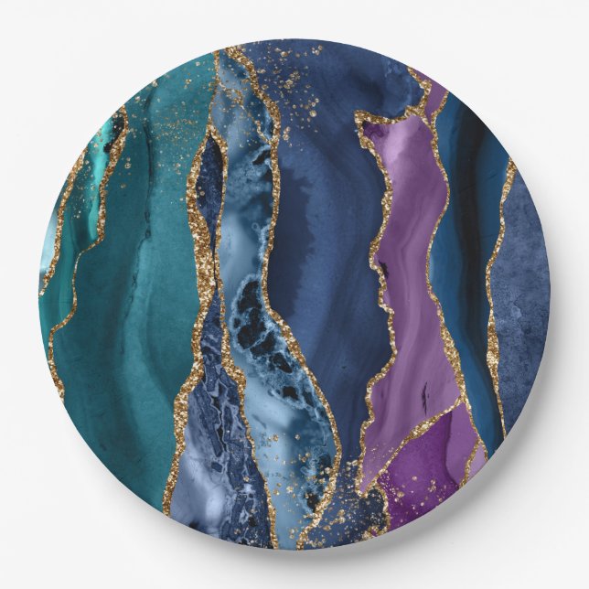 Turquoise Purple Blue Gold Glitter Marble Paper Plates (Front)