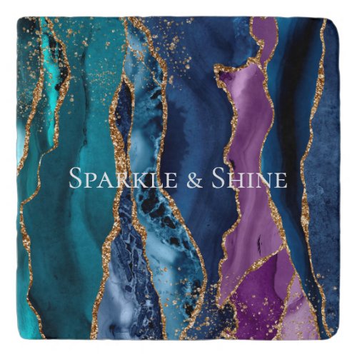 Turquoise Purple Blue Gold Glitter Marble Trivet