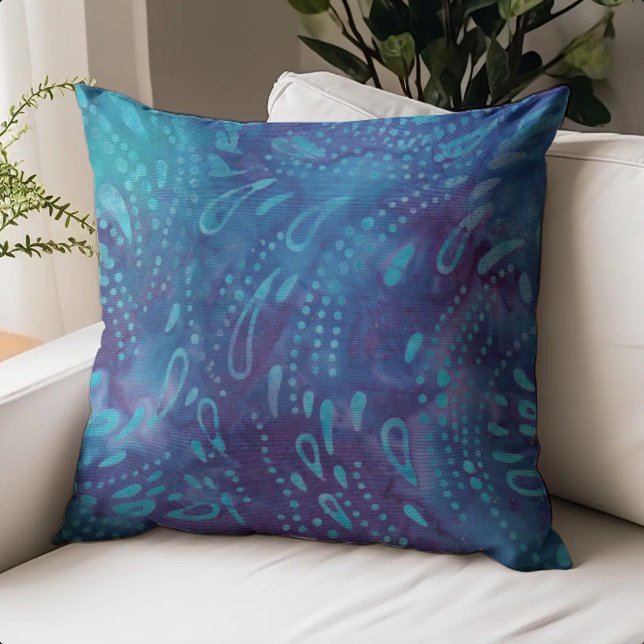Turquoise Purple Boho Batik Dots and Teardrops Throw Pillow (Creator Uploaded)
