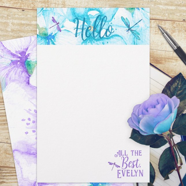 Turquoise, Purple Dragonfly Personal Stationary (turquoise aquamarine purple dragonflies floral budget personalized letter writing stationary paper )