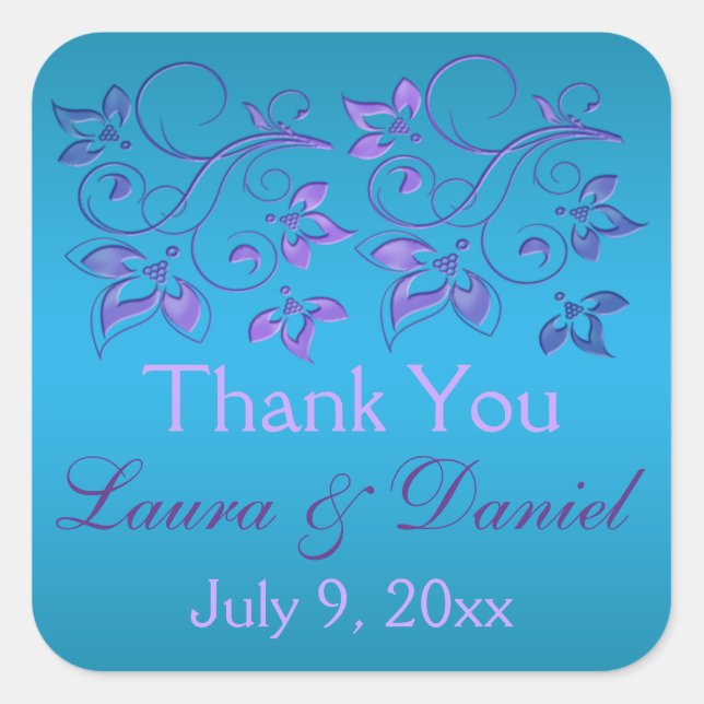 Turquoise, Purple Floral 1.5" sq. Wedding Sticker (Front)
