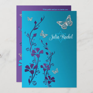 Turquoise, Purple Floral, Butterflies Bat Mitzvah Invitation