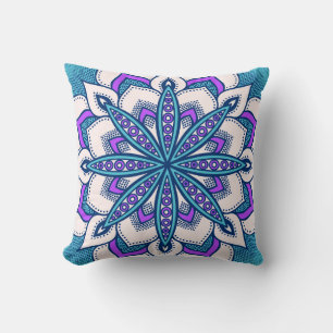 Turquoise Purple Flower Mandala Throw Pillow