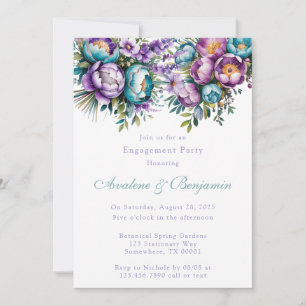 Turquoise Purple Flowers Engagement Party Invitation