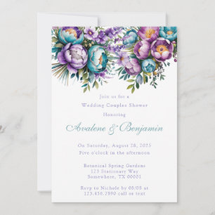 Turquoise Purple Flowers Wedding Couples Shower Invitation