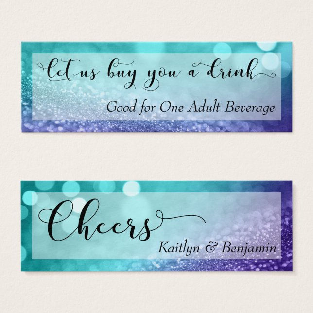 Turquoise Purple Glitter Bokeh Script Drink Ticket (Front & Back)
