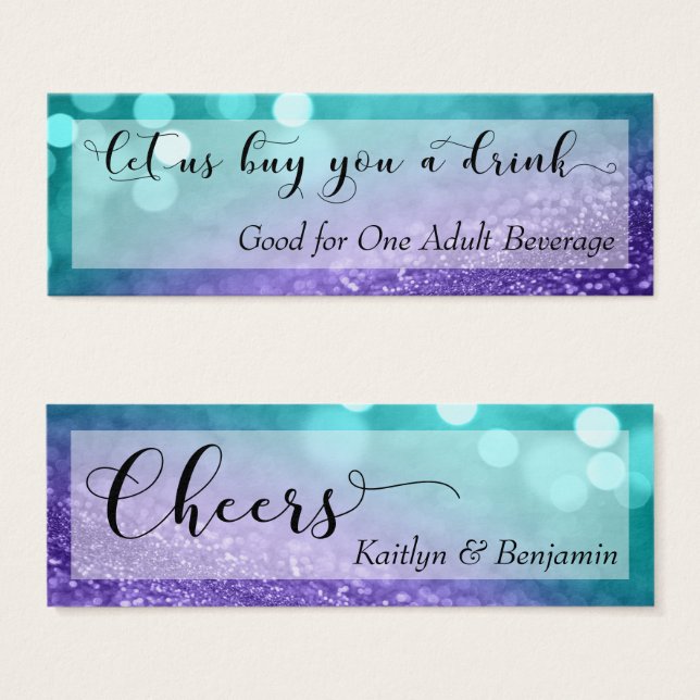 Turquoise Purple Glitter Bokeh Script Drink Ticket (Front & Back)