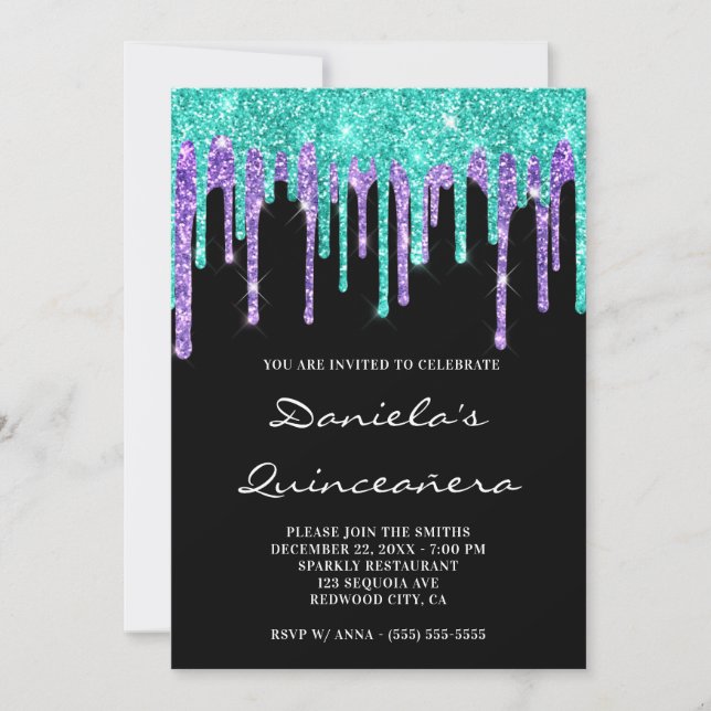 Turquoise Purple Glitter Drips Black Quinceañera Invitation (Front)