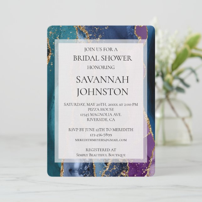 Turquoise Purple Gold Glitter Marble Bridal Shower Invitation (Standing Front)