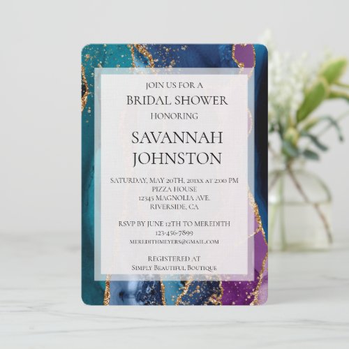 Turquoise Purple Gold Glitter Marble Bridal Shower Invitation