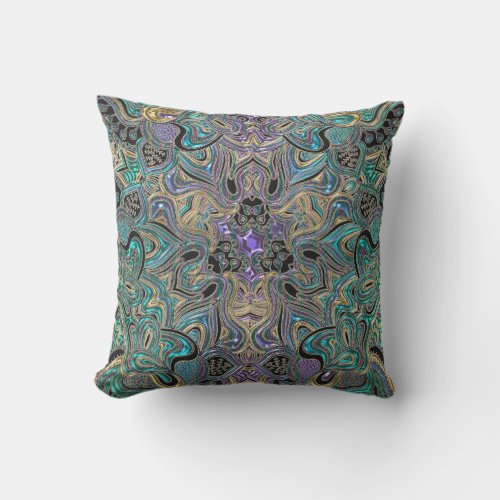 Turquoise Purple Gold Mandala Throw Pillow
