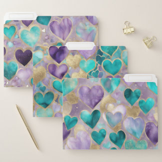 TURQUOISE PURPLE GOLD WATERCOLOR LOVE HEARTS FILE FOLDER