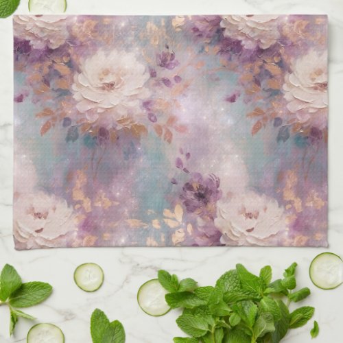 Turquoise Purple Gold White Floral Kitchen Towel