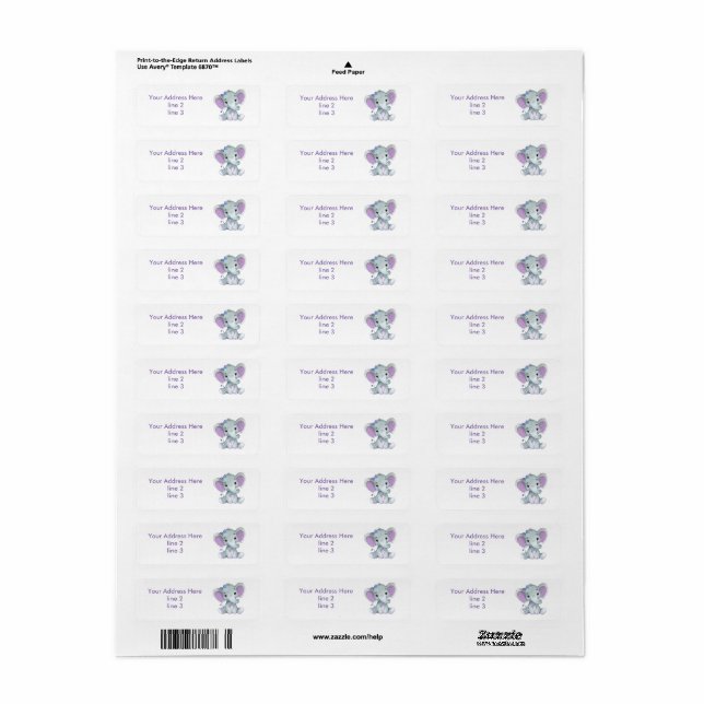 Turquoise Purple Gray Girl Elephant Address Labels (Full Sheet)