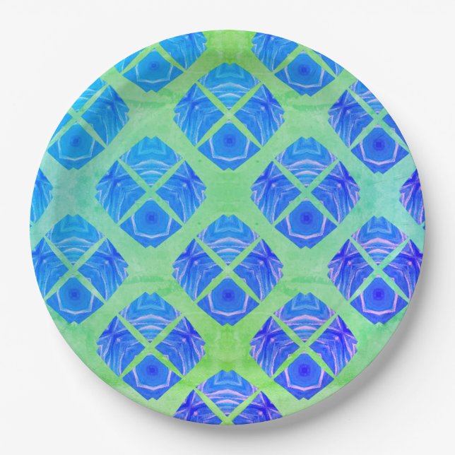 Turquoise, Purple, Green Boho Peacocks Pattern Paper Plates (Front)