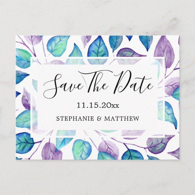 Turquoise Purple Leaves Wedding Save The Date Announcement Postcard (Front)