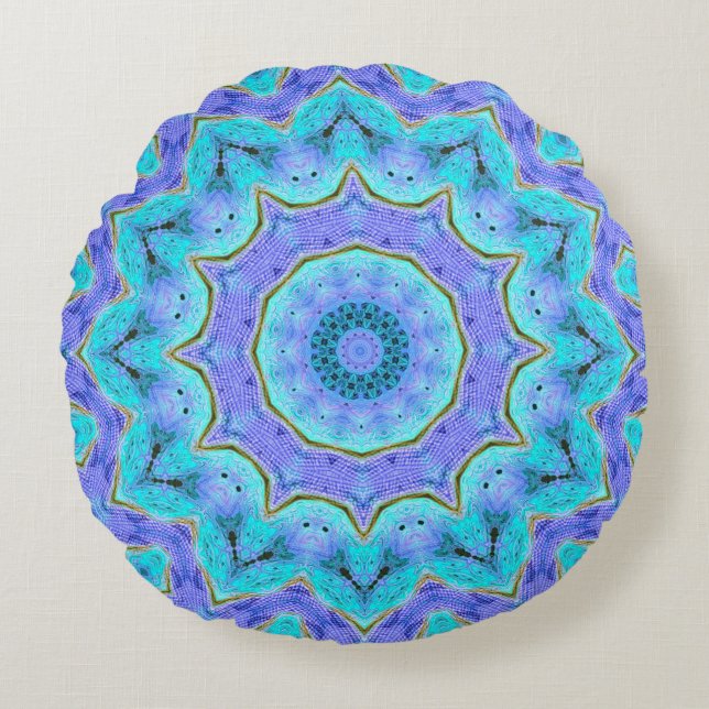 Turquoise & Purple Meditation Mandala Round Pillow (Front)