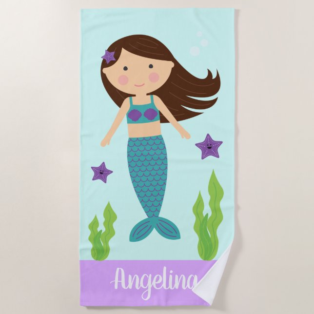 Turquoise & Purple Mermaid Beach Towel- Brown Hair Towel (Front)