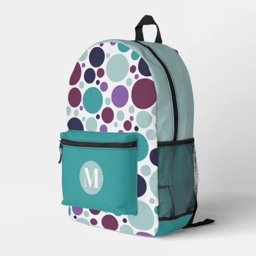 Turquoise Purple Navy Blue Dots Monogram Printed Backpack