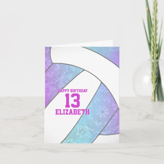 turquoise purple pink volleyball happy birthday card (Front)