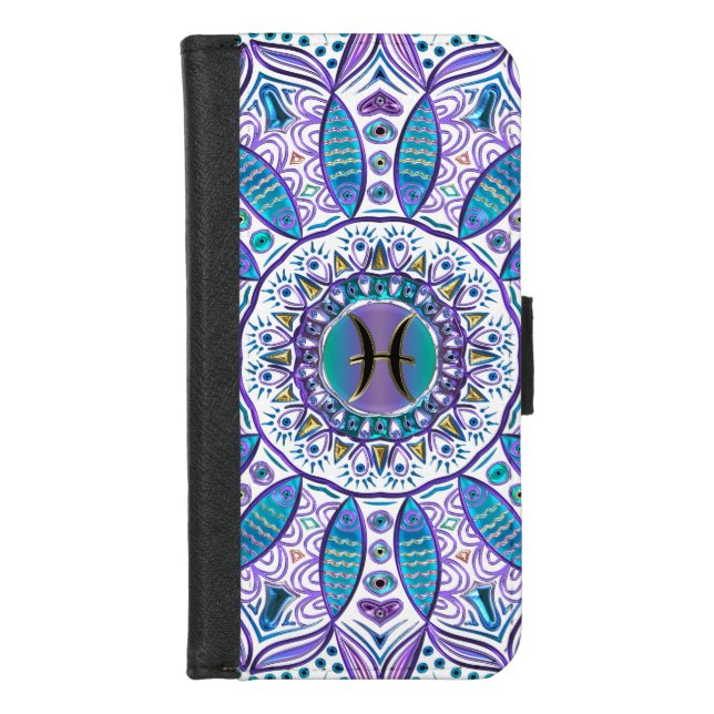 Turquoise Purple Pisces Mandala iPhone Wallet Case (Front)