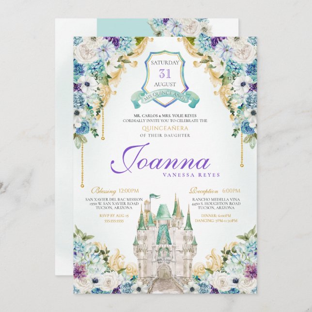 Turquoise Purple Princess Castle Royal Quinceanera Invitation (Front/Back)