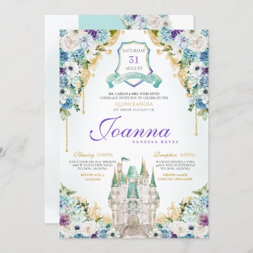 Turquoise Purple Princess Castle Royal Quinceanera Invitation