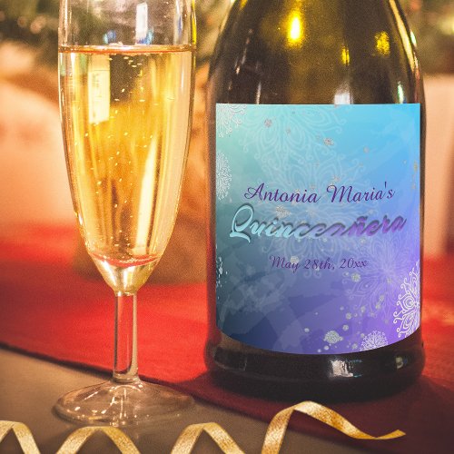 Turquoise Purple Silver Glitter Quinceaera Sparkling Wine Label