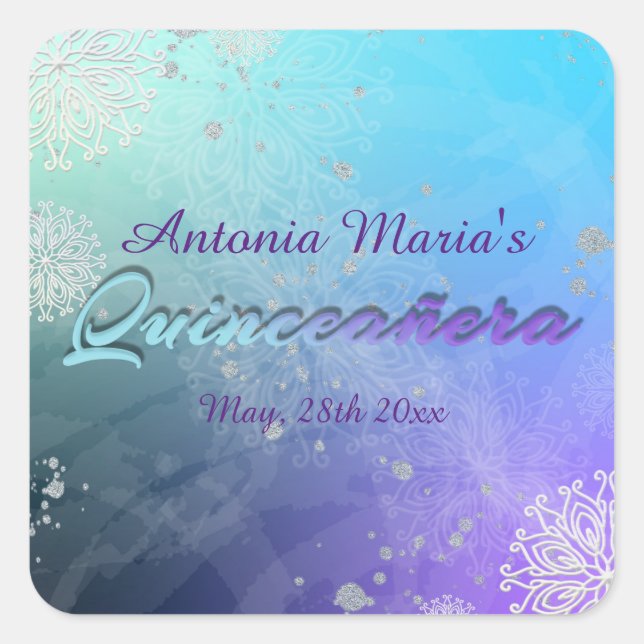 Turquoise Purple Silver Glitter Quinceañera  Square Sticker (Front)