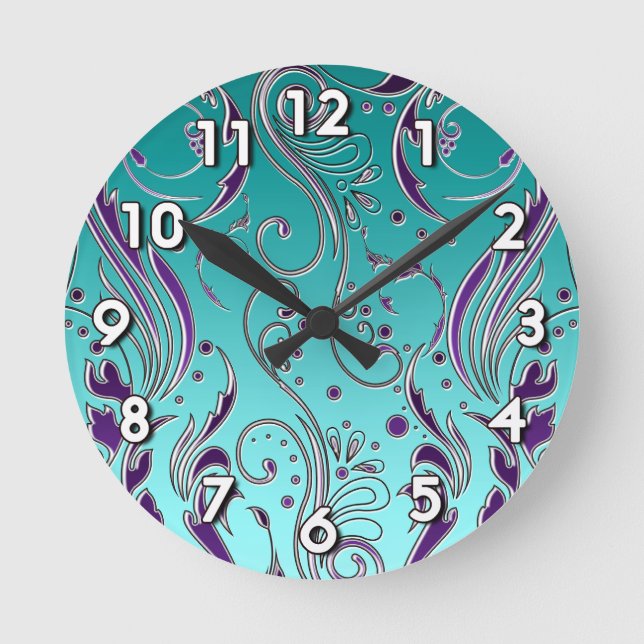 Turquoise Purple swirl Round Clock (Front)