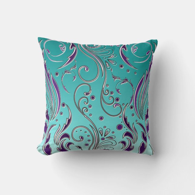 Turquoise Purple swirl Throw Pillow (Front)