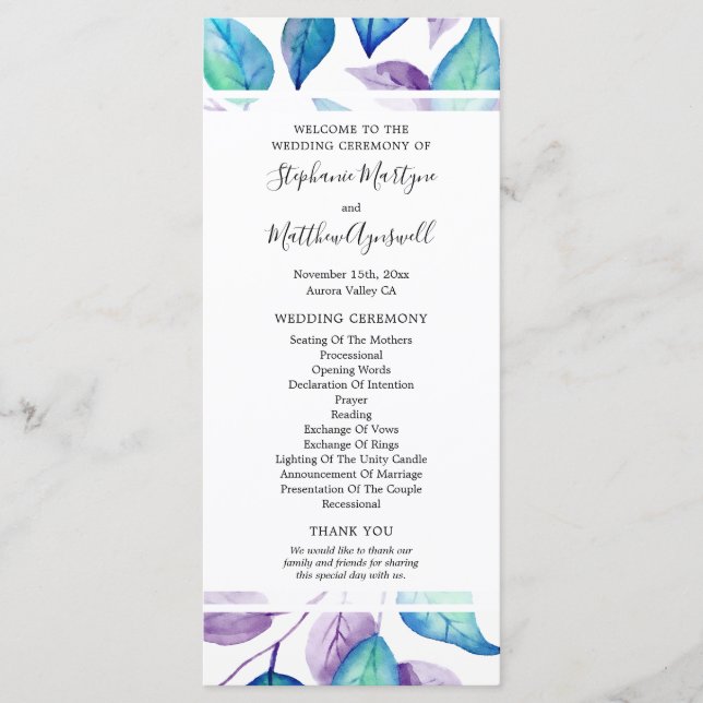 Turquoise Purple Watercolor Leaf Wedding Ceremony Program (Front)