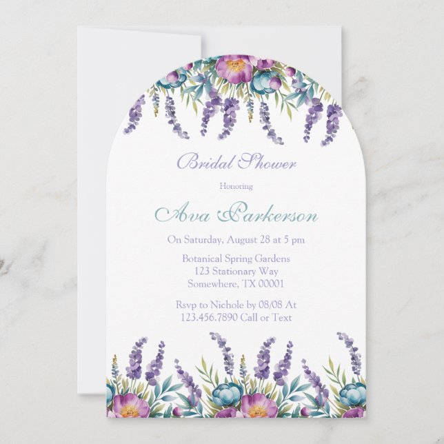 Turquoise Purple Wildflowers Bridal Shower Invitation (Front)