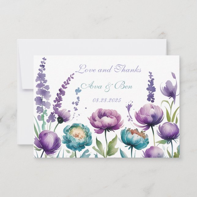 Turquoise Purple Wildflowers Wedding Thank You Card (Front)