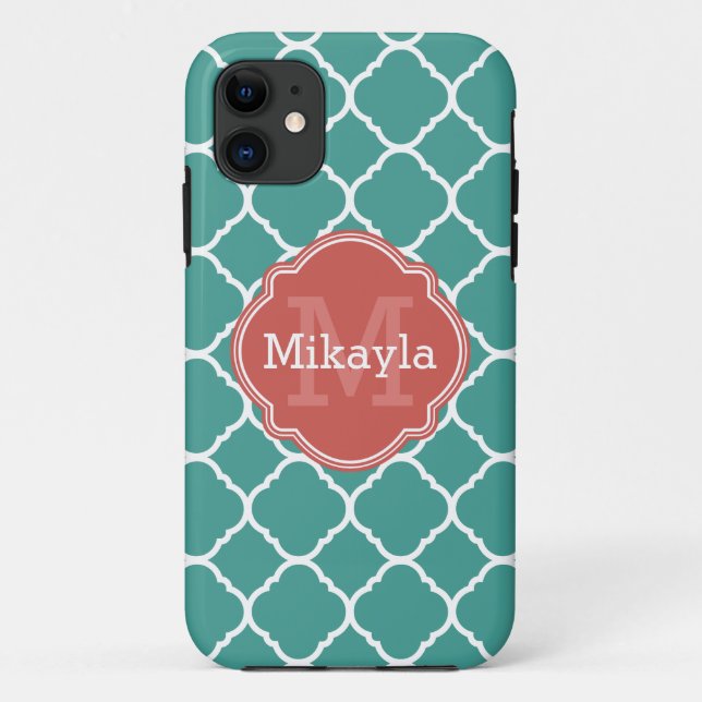 Turquoise Quatrefoil Pattern Coral Monogram Case-Mate iPhone Case (Back)
