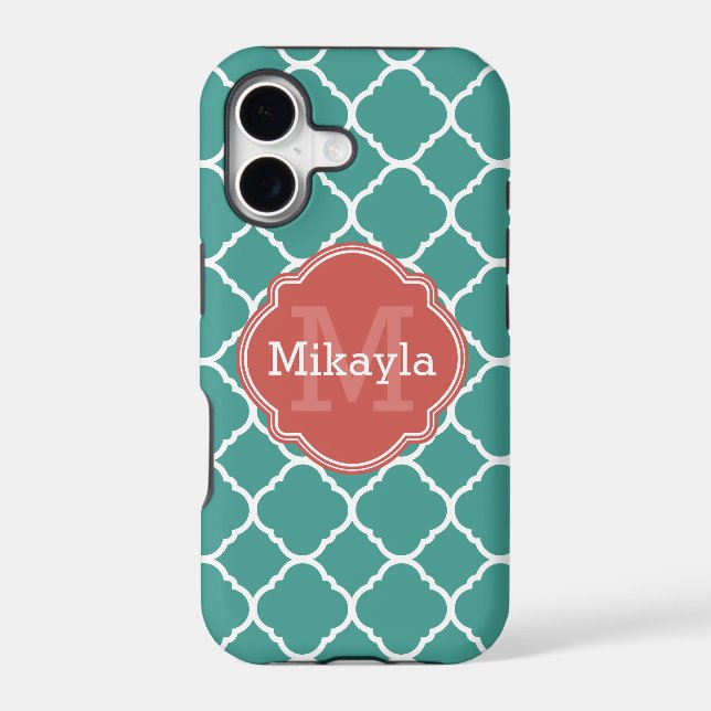 Turquoise Quatrefoil Pattern Coral Monogram Case-Mate iPhone Case (Back)