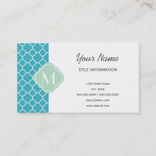 Turquoise Quatrefoil Pattern with Monogram Business Cards