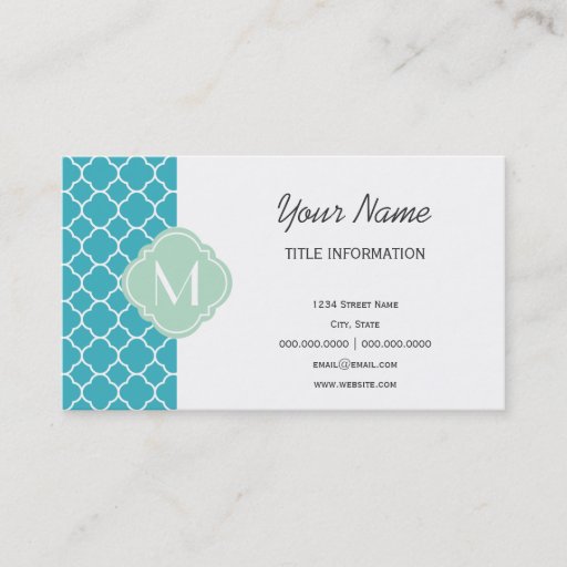 Customizable Turquoise Quatrefoil Pattern with Monogram Business Cards