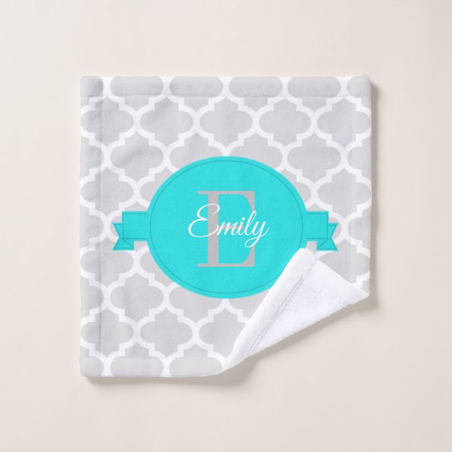 Turquoise Quatrefoil Personalized Bath Towel Set (Wash Cloth)