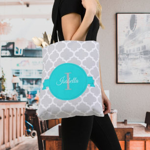 Turquoise Quatrefoil Personalized Tote Bag