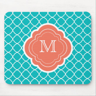 Turquoise Quatrefoil with Coral Monogram Mouse Pad