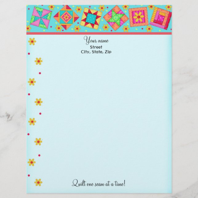 Turquoise Quilt Blocks Letterhead Stationary (Front)