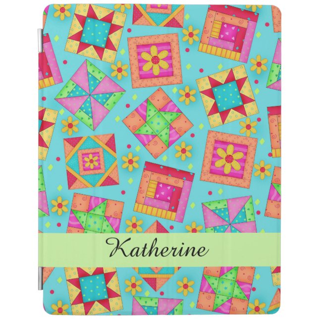 Turquoise Quilt Patchwork Block Name Personalized iPad Smart Cover (Front)