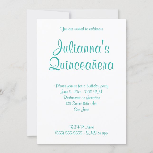 Turquoise Quinceañera Calligraphy Birthday Invitation (Front)