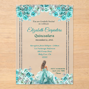Turquoise Quinceañera Roses and Silver Butterflies Acrylic Invitations